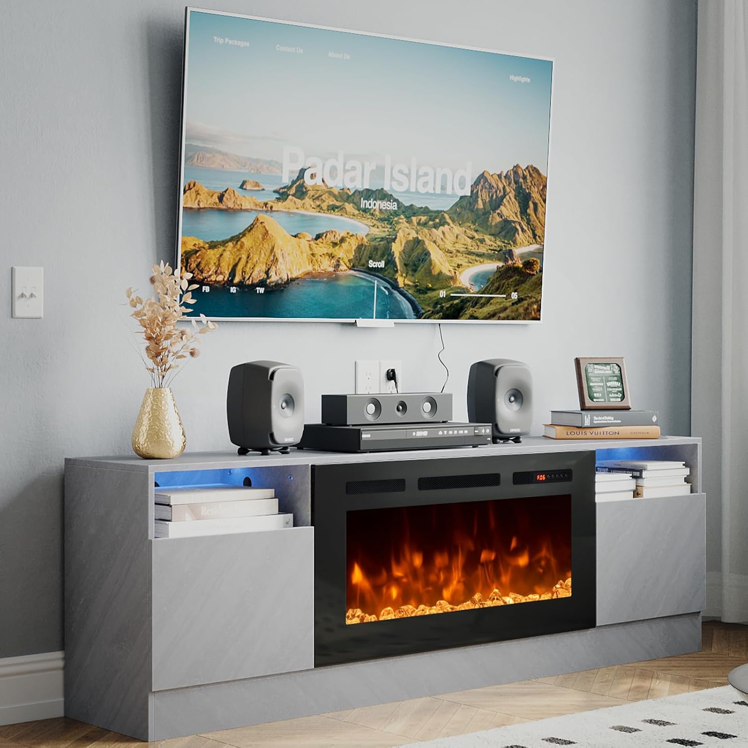 oneinmil Fireplace TV Stand with 36 Electric Fireplace, LED Light Entertainment Center, Modern Wood Texture Entertainment Stand with Highlight Storage Cabinet for TVs Up to 80, 70 inches, Grey