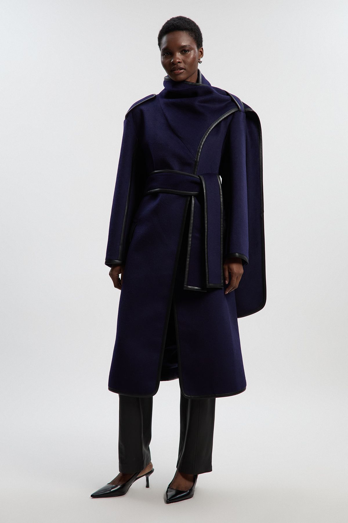 KarenMillen Brushed Wool Pu Mix Scarf Neck Belted Tailored Maxi Coat