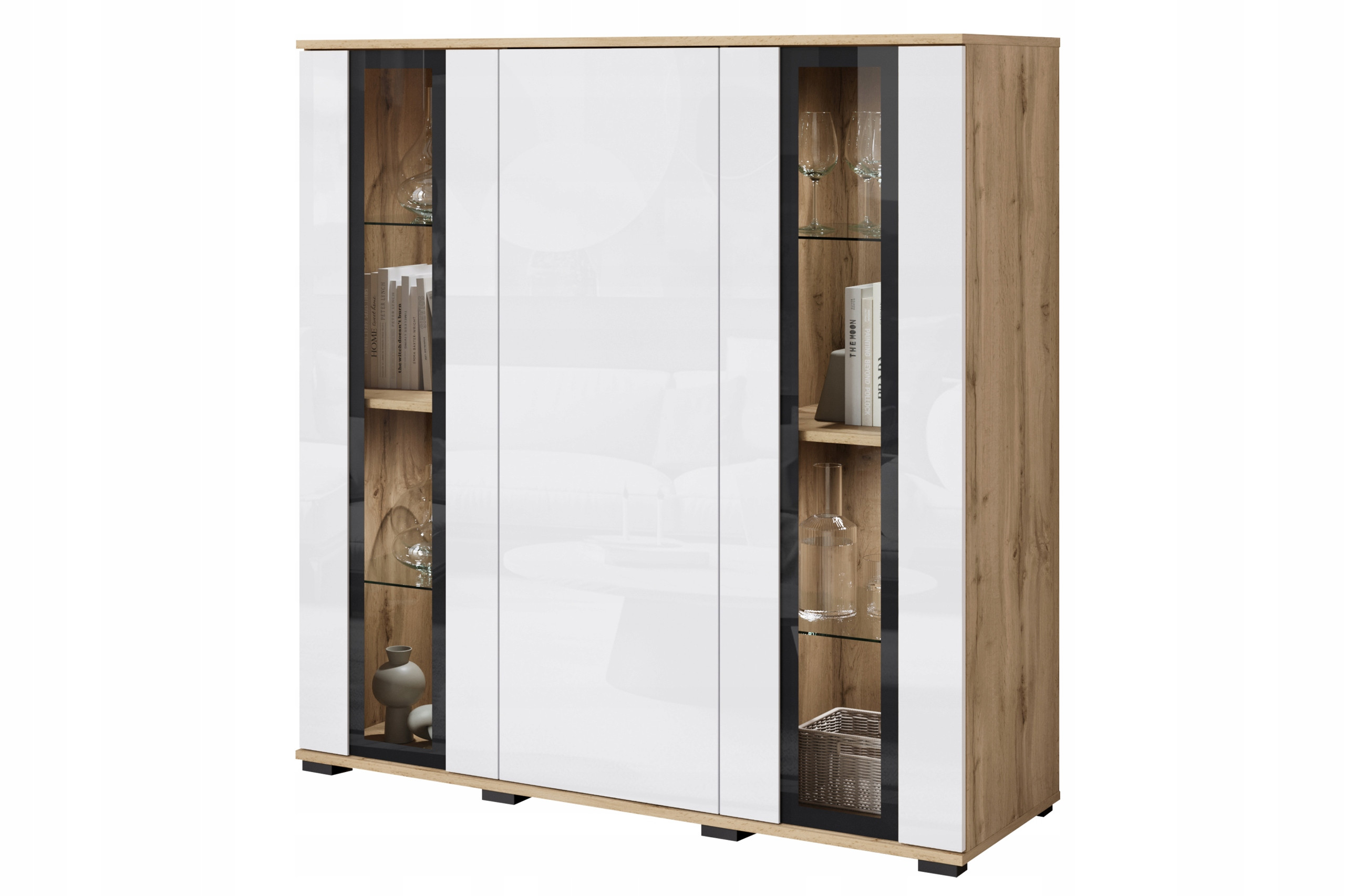 Nowoczesny highboard 120, wysoka witryna, szkło, wotan/biały połysk z LED