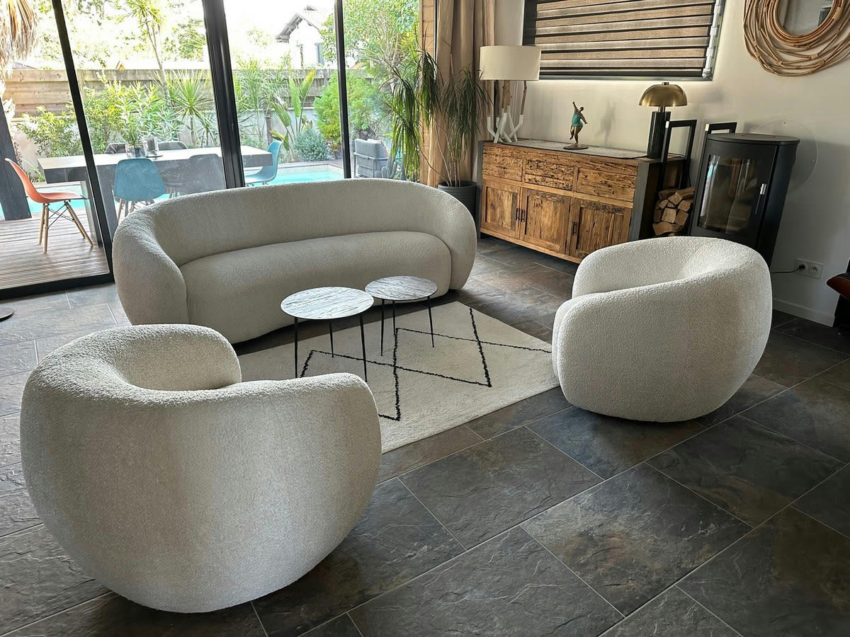 MOON - Fauteuil rotatif en tissu bouclé blanc