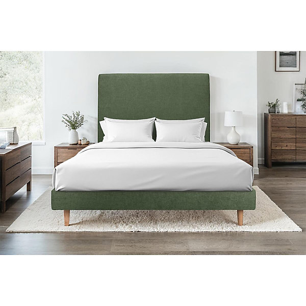 Lit avec tête de lit tapissier tissu et sommier kit- Lit en bois massif