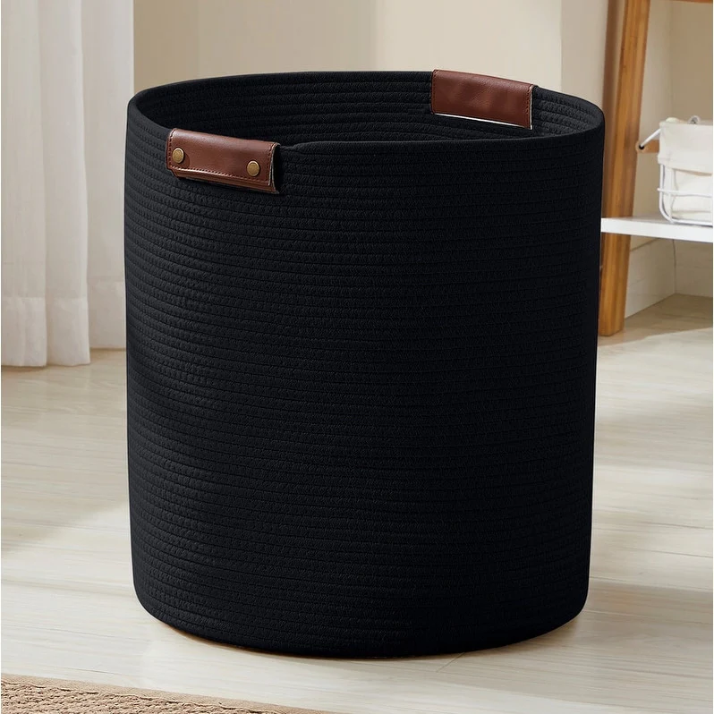 Large Cotton Rope Storage Basket Laundry Hamper Woven Basket with Leather Handles -16 x 18 - 16 x 16 x 18