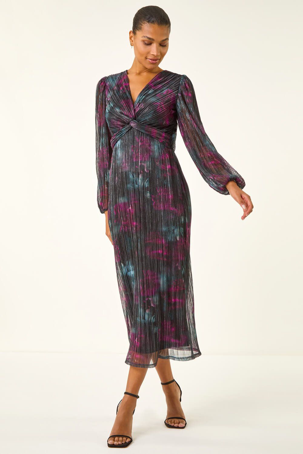 Roman Printed Plisse Twist Front Midi Dress