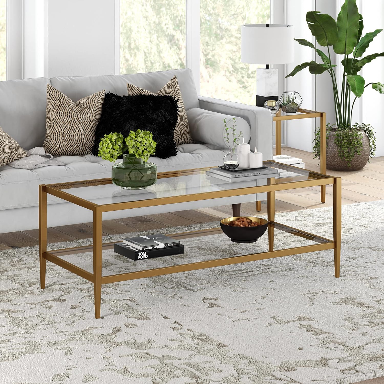 Henn&Hart 45 Wide Rectangular Coffee Table with Glass Shelf in Antique Brass, Coffee Table coffee tables for living room, studio apartment essentials