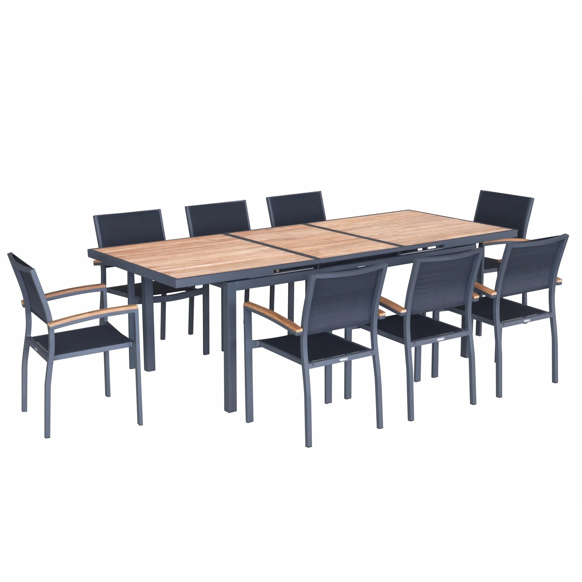 HIGOLD - Heck 9 Pieces Retractable Patio Dining Sets for 8 Seaters Outdoor Dining, Grade A Teak, Space Alum, Matte Charcoal