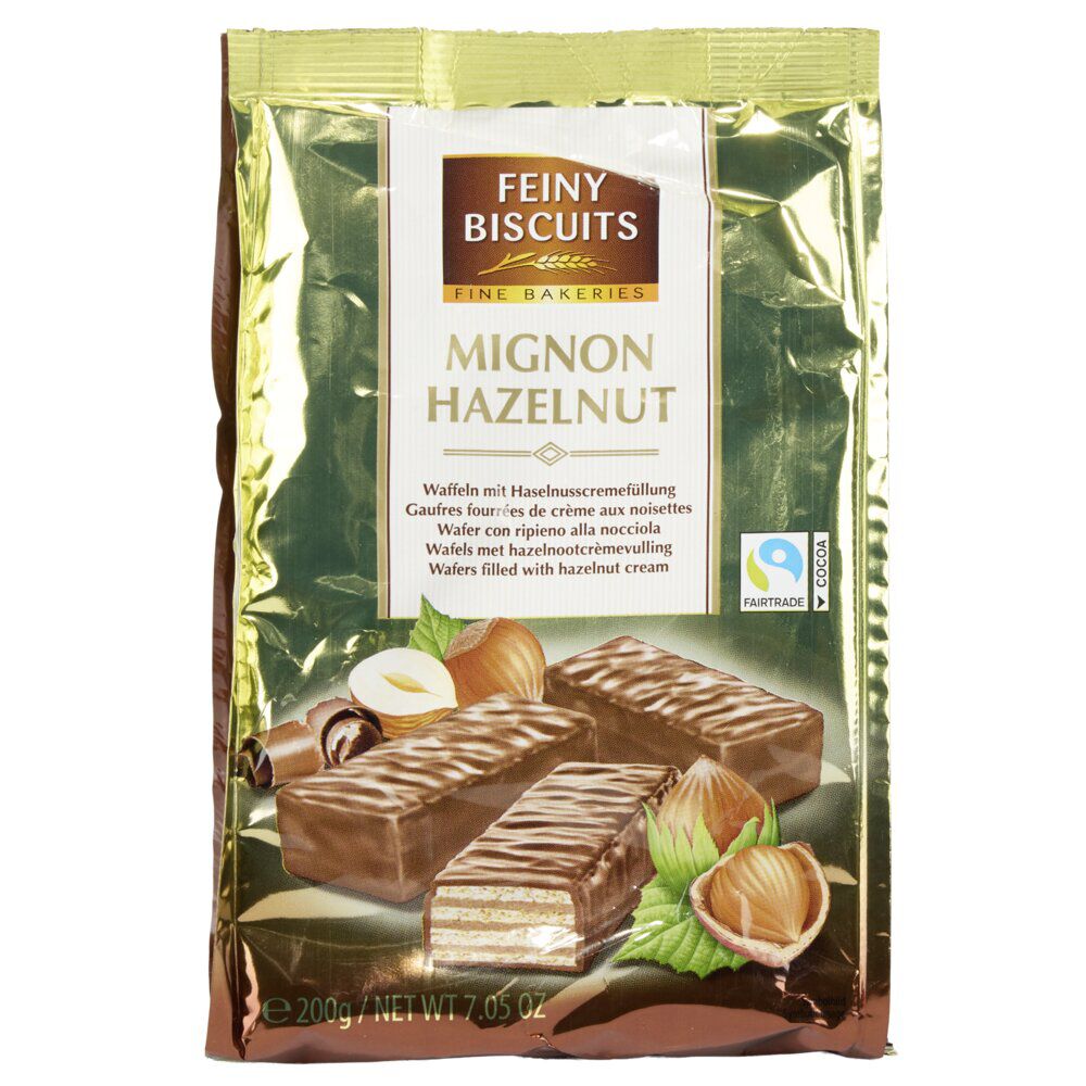 Gaufrettes enrobage chocolat fourrées crème go&ucirc;t noisette 200gr