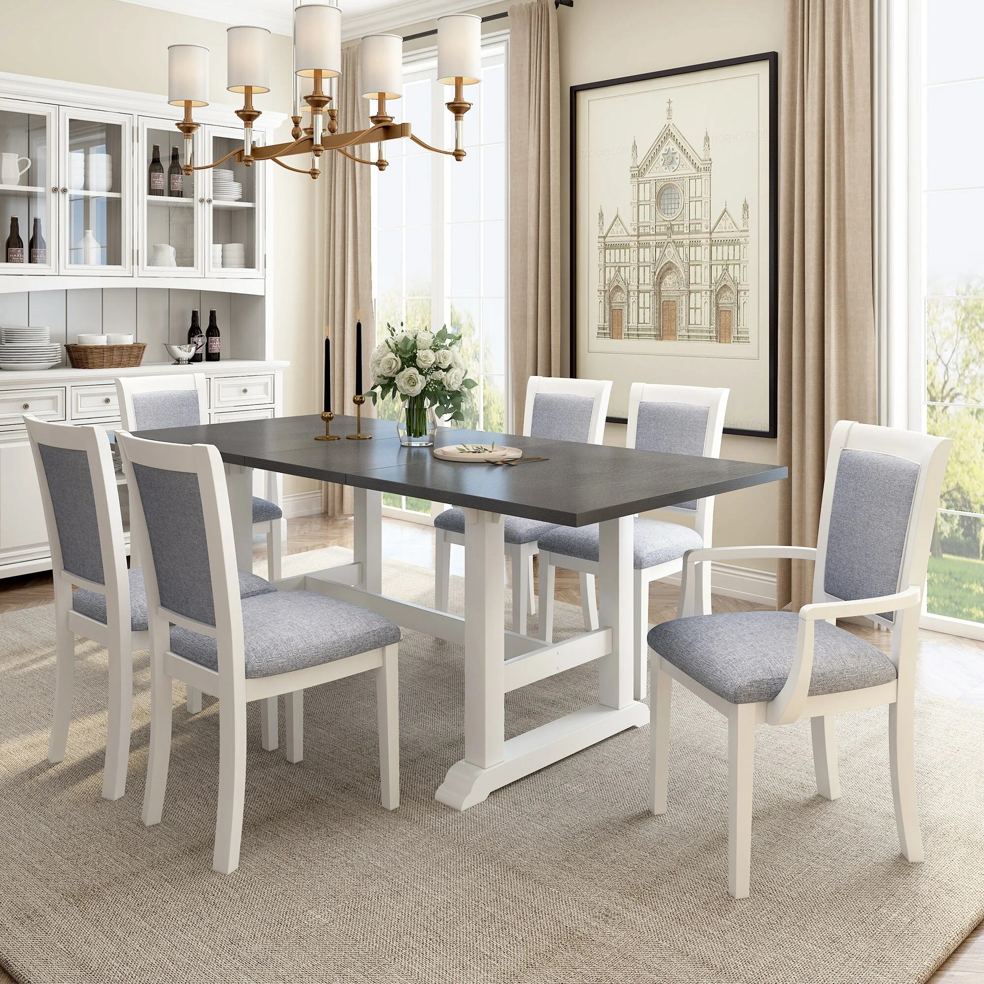 White+Grey 7-Piece Wooden Dining Table Set with Extendable Rectangular Table, 4 Chairs & 2 Armchairs