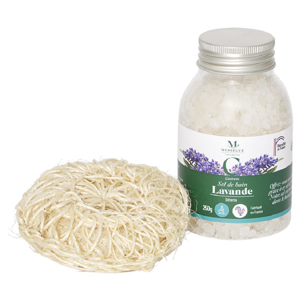 Coffret Mességué sel de bain lavande et éponge chanvre 100% naturel