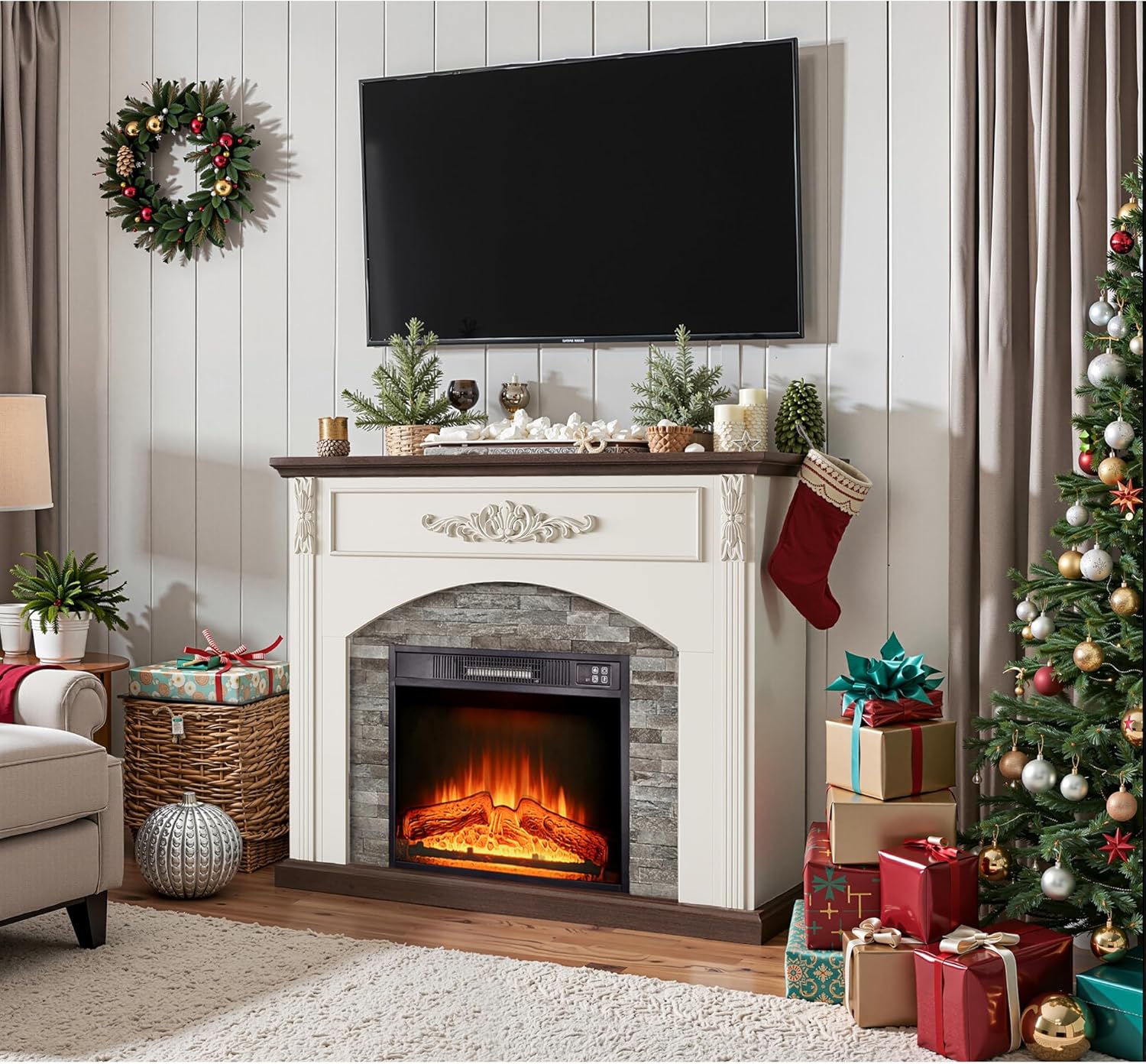 44Inch Electric Fireplace with Mantel, Farmhouse TV Stand with Electric Fire Place Heater, Stacked Stone Surround,White Firebox with 23 Fireplace Insert for Bedroom,Living Room