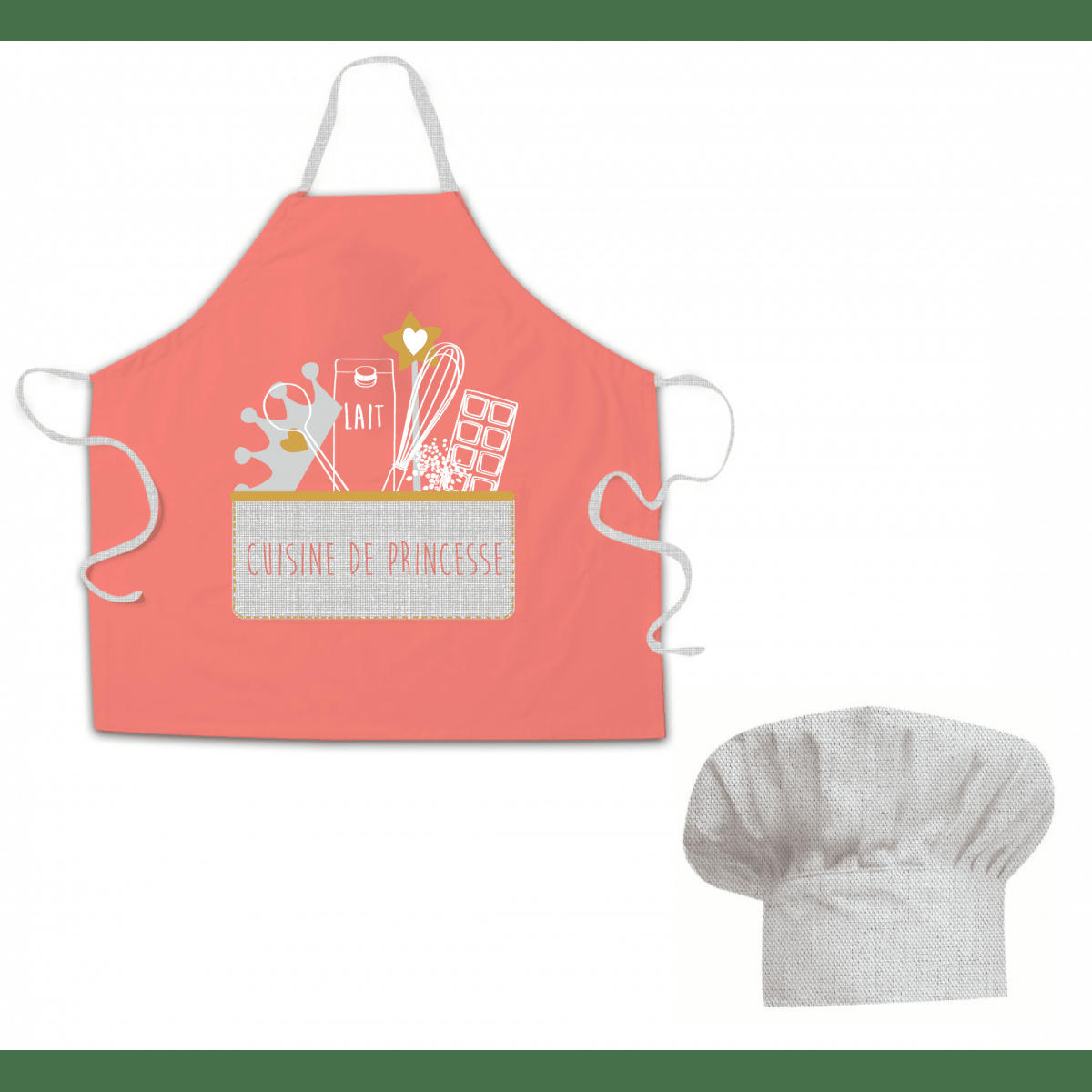 KIDS - Lot tablier de cuisine coton rose 55x55cm + toque