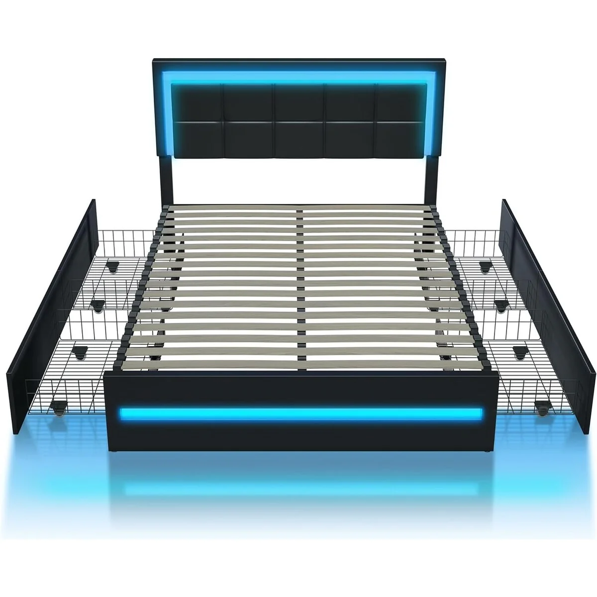XINMICS Full/Queen Bed Frame with RGB LED Lights and 4 Storage Drawers