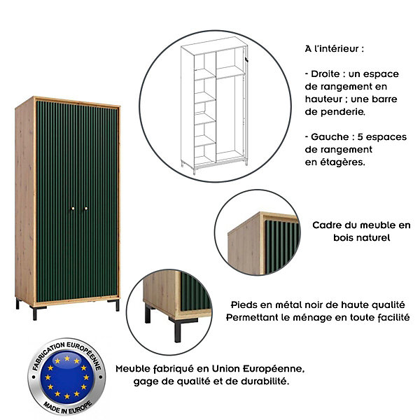 Armoire Penderie 2 Portes 89x196 Cm En Bois Design Contemporain Vert Bouteille
