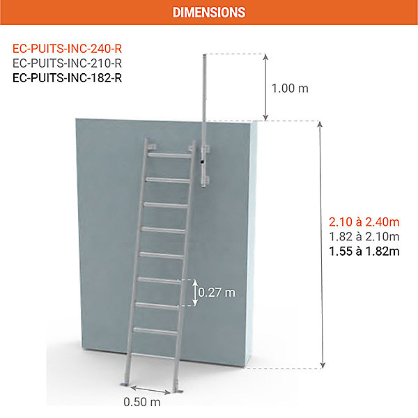 Echelle d'accès puits - Hauteur à franchir 1.55 à 1.82m - Avec crosse - EC-PUITS-INC-182-R