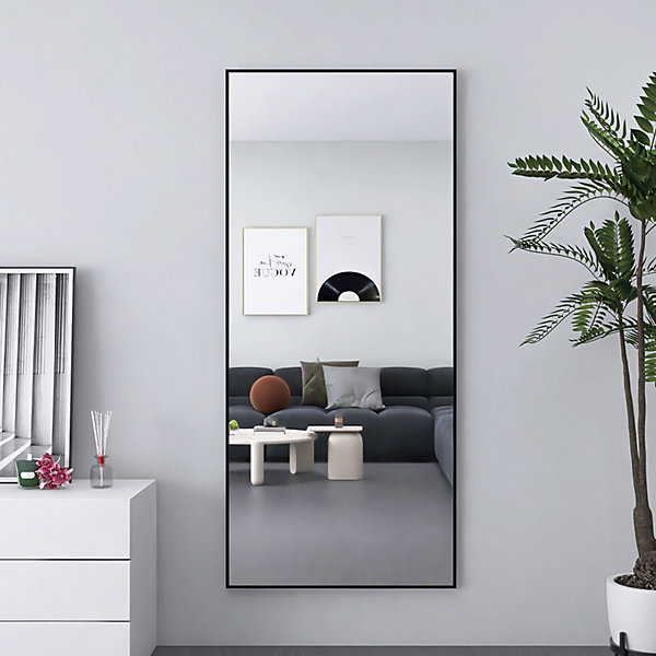 Miroir sur Pied Rectangle180x80cm avec Cadre en Métal, utilisable au sol ou mural, pour Salon, Chambre et Dressing, Noir
