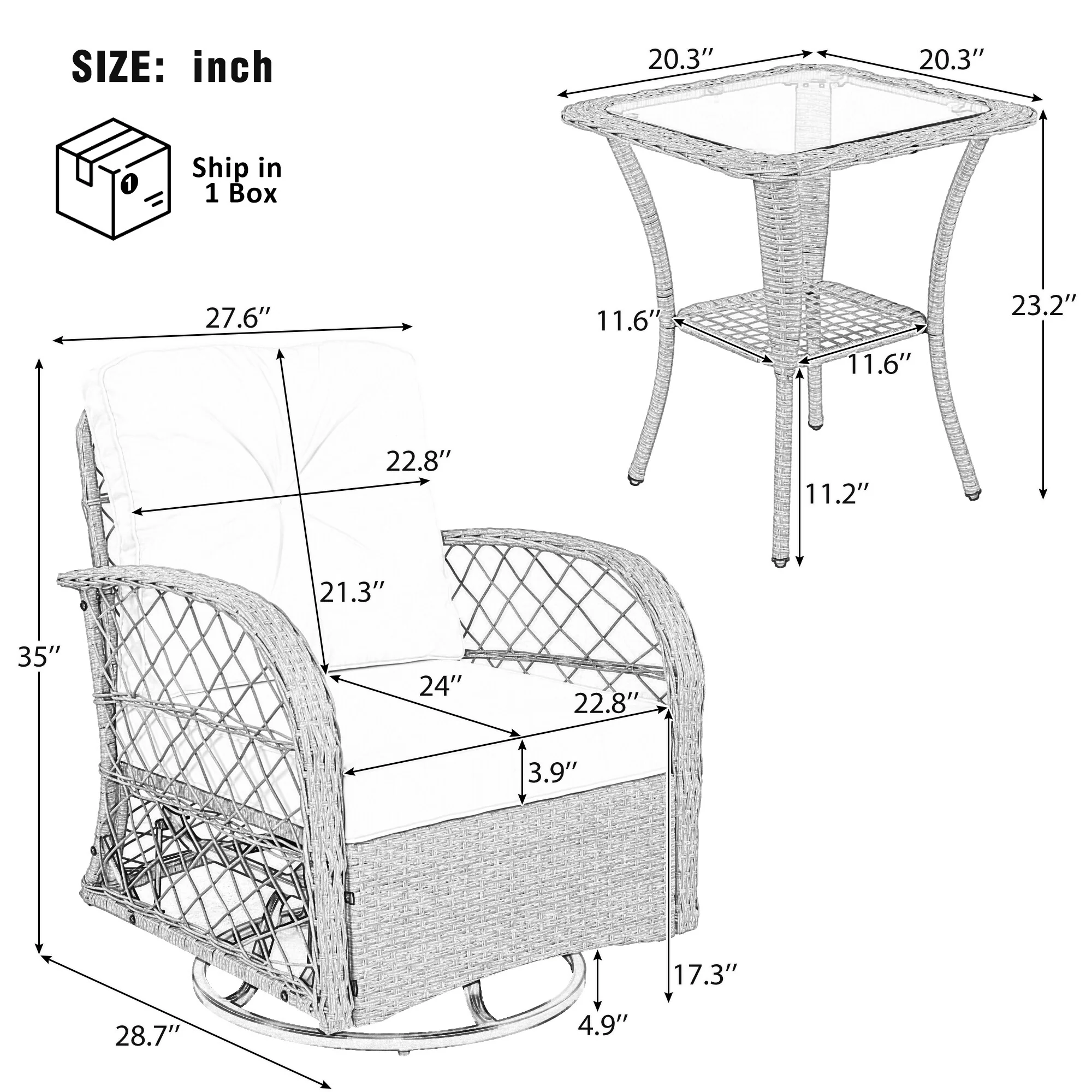 3-piece Outdoor Chair&Table Set Chat Set 2-person Rattan Seating Group with Two Swivel Chairs and a Square Table for Gar