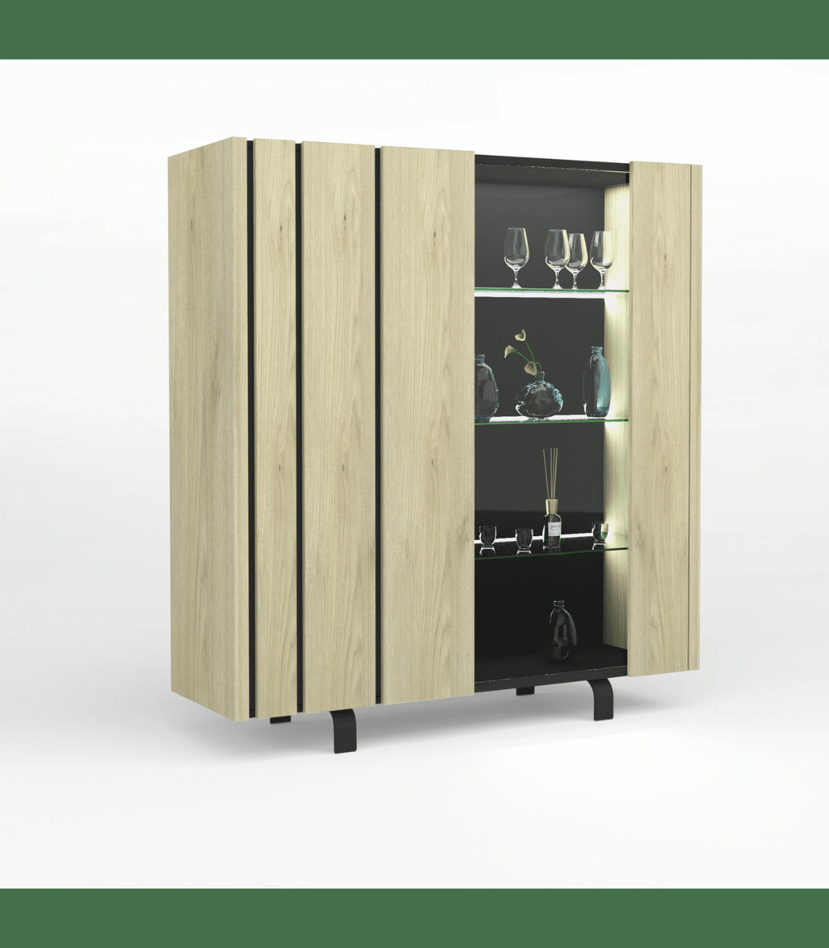 RUSH - Vaisselier 2 portes avec Vitrine - Effet Chêne et noir