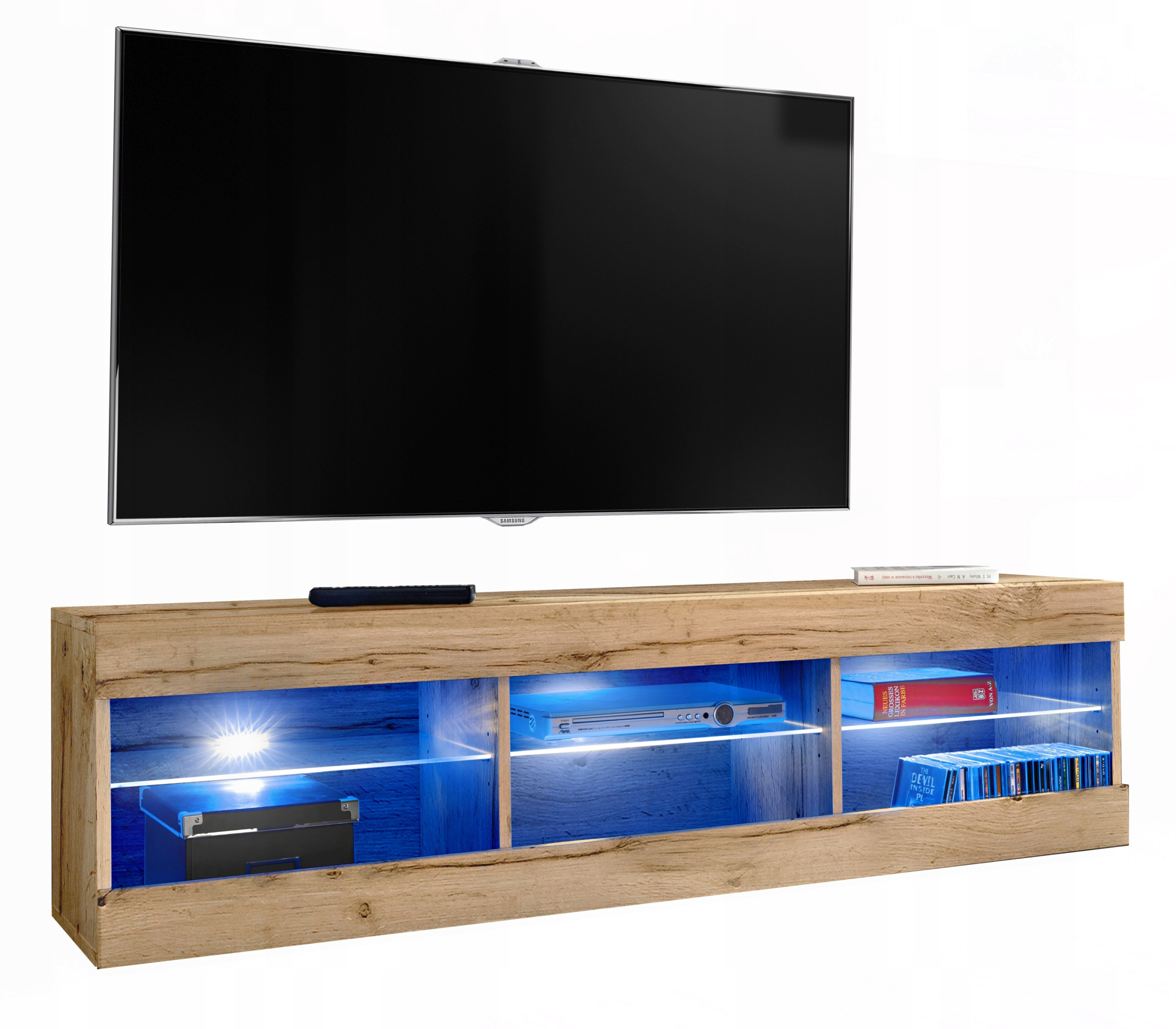 Szafka RTV LED Salon Nowoczesna Dąb Wotan LED 140x35 Pokój