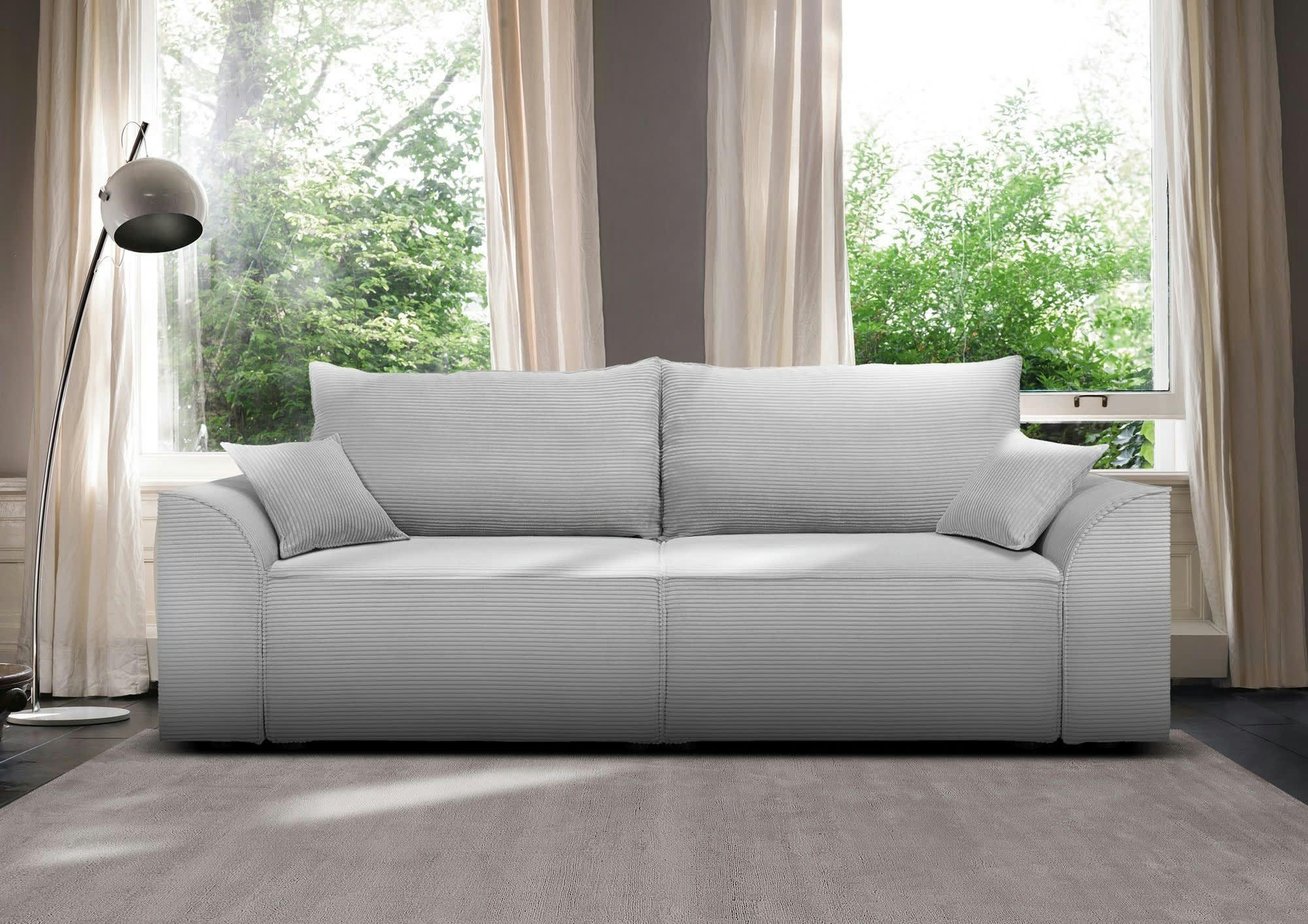 ALPHA - Canapé droit convertible 3 places  en velours côtelé gris clair