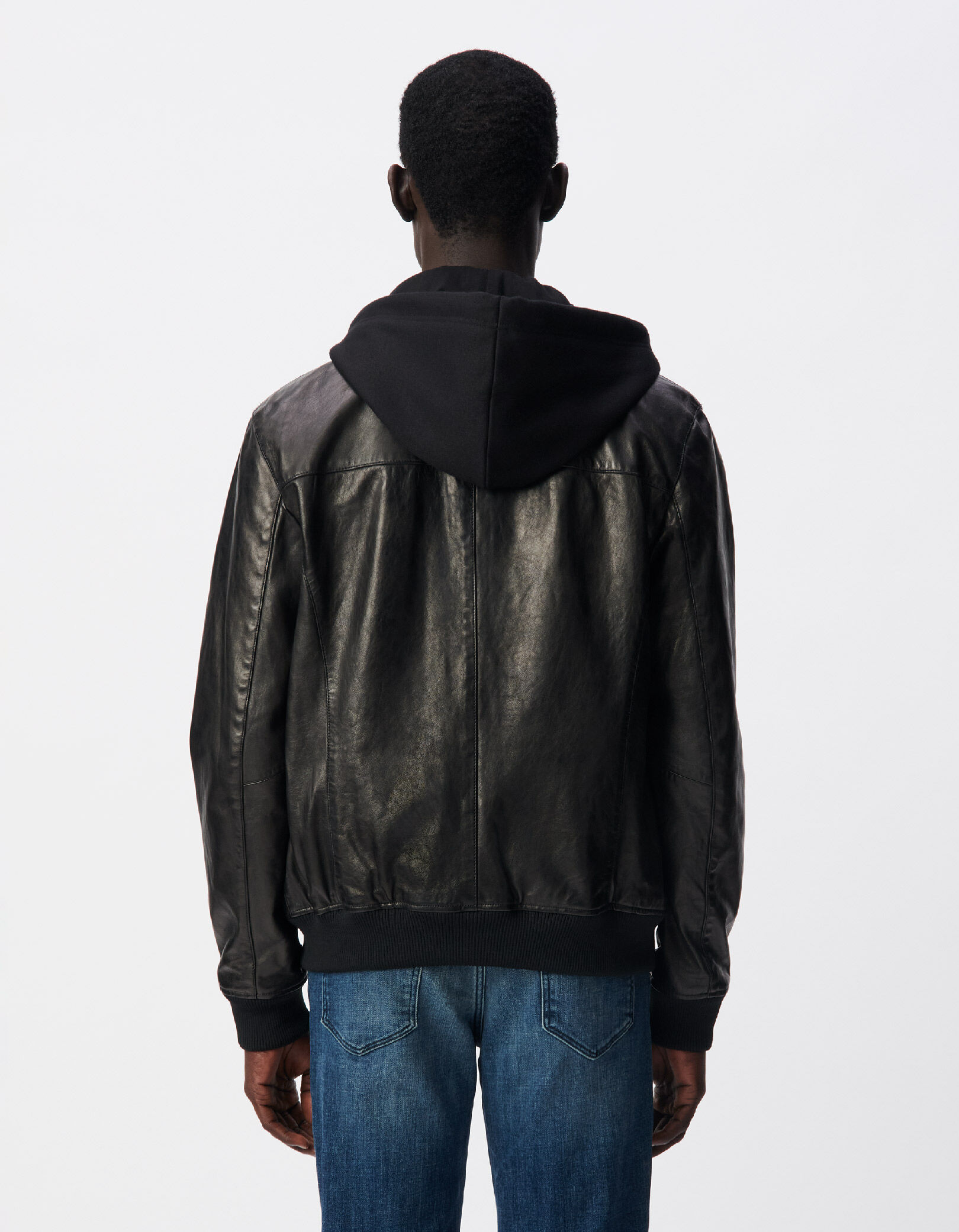Bomber noir en cuir à parmenture amovible Homme