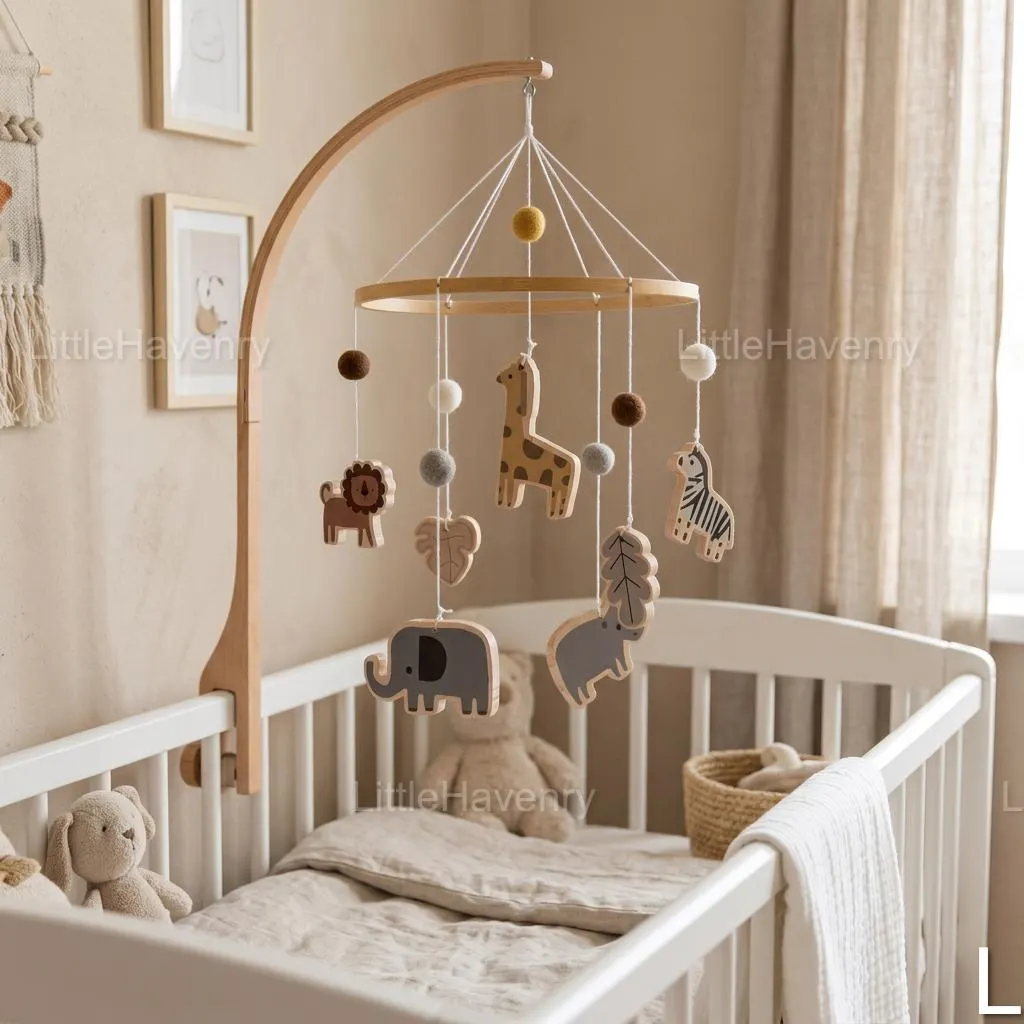 Safari Crib Mobile, Wooden Jungle Animals, Neutral Nursery Decor