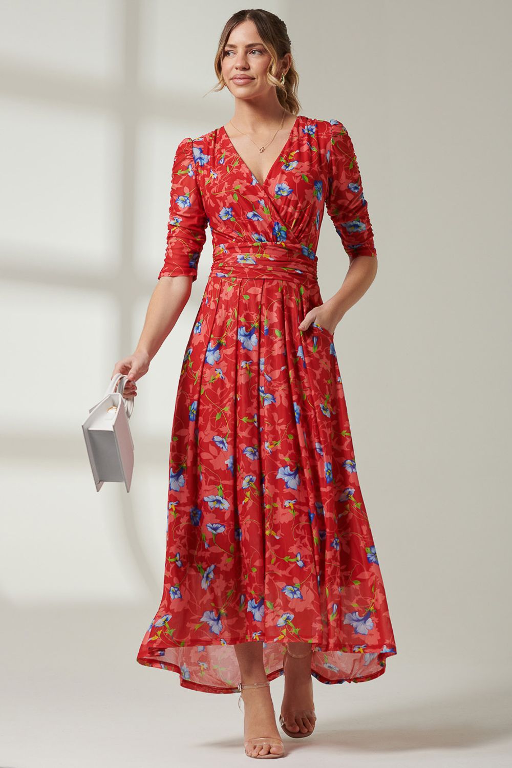 Jolie Moi Gavina Ruched Sleeve Mesh Maxi Dress