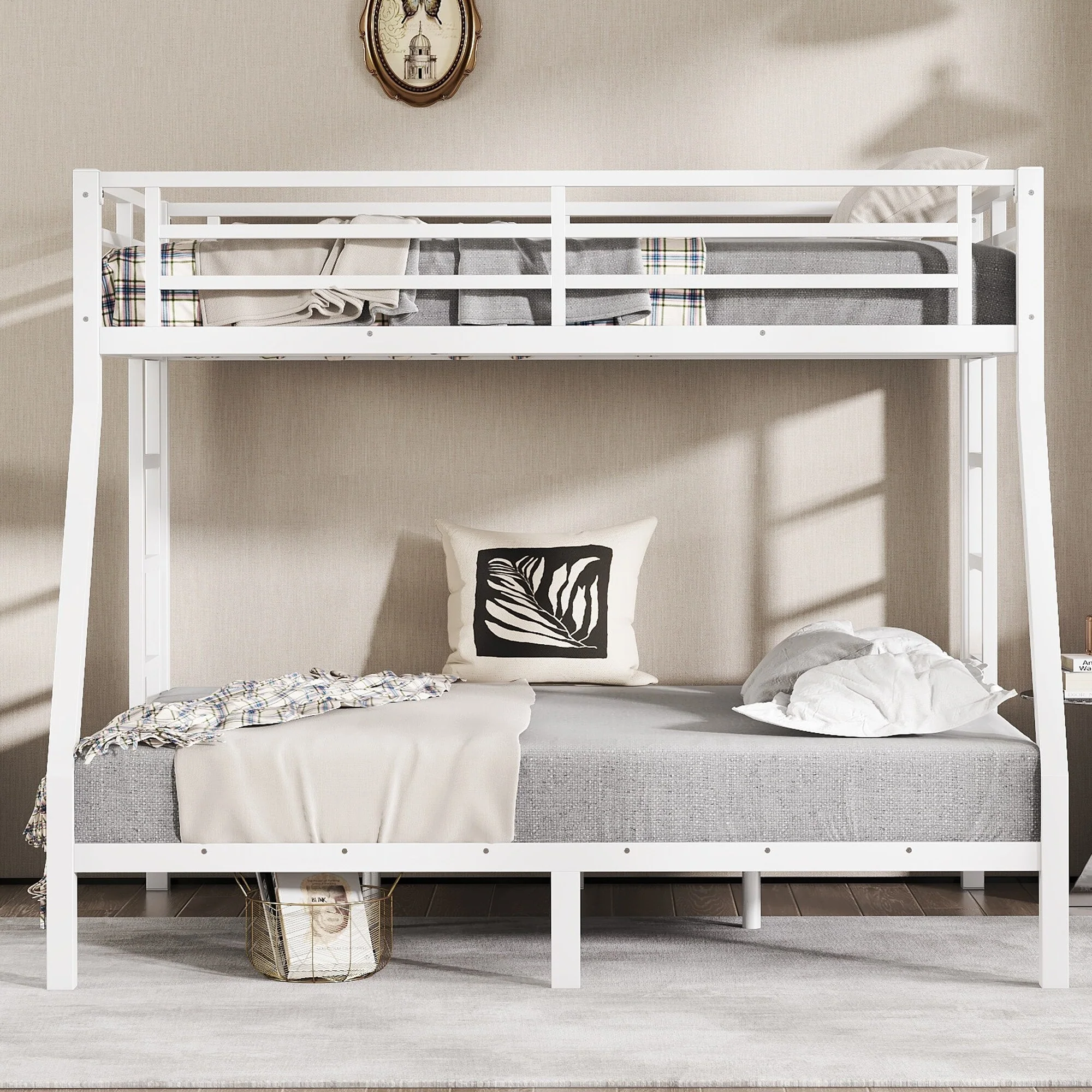 Metal Twin over Full Bunk Bed for Teens and Adults, Space-Saving/Noise Reduced/No Box Spring Needed, White