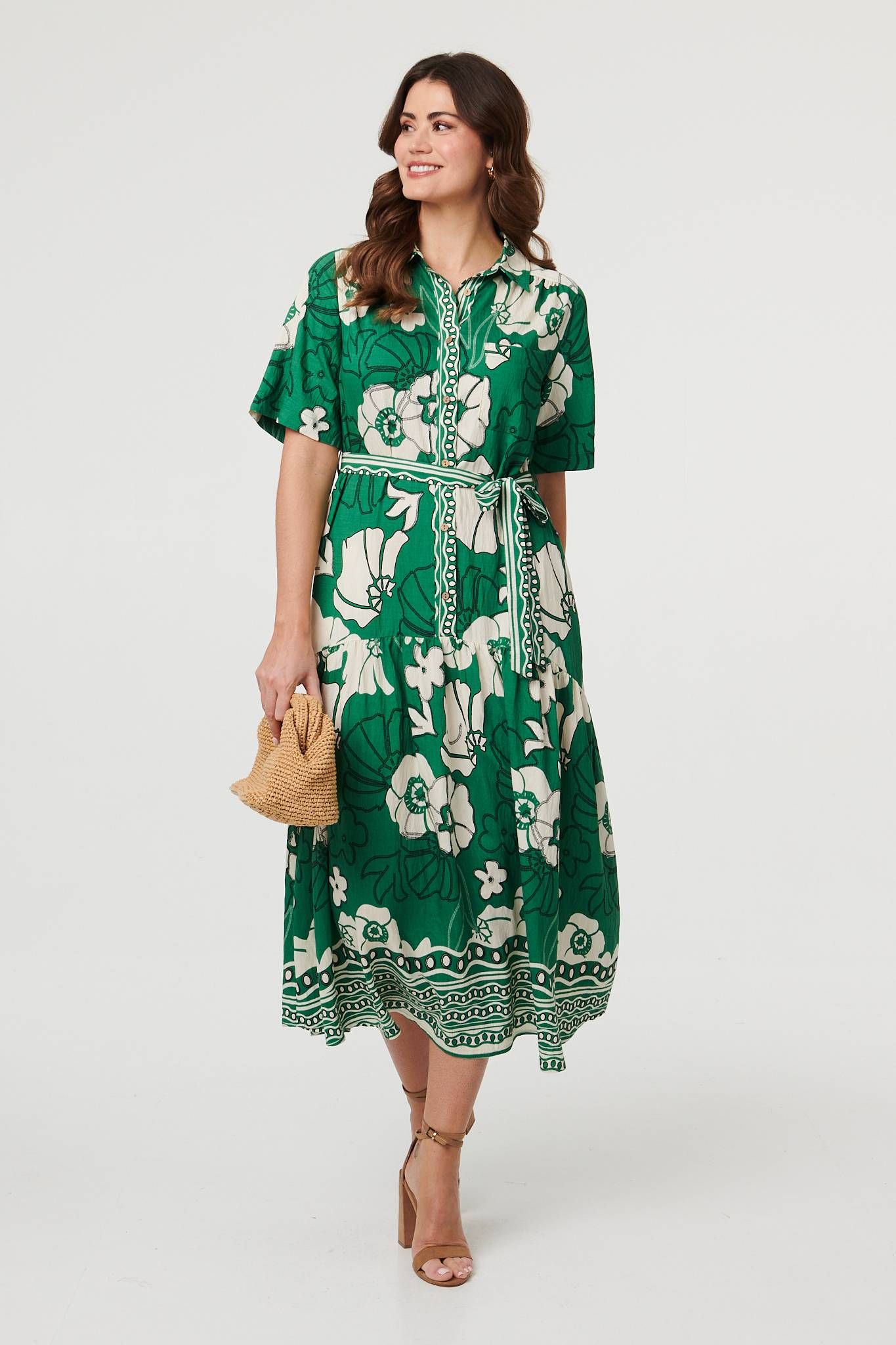 Izabel London Floral Tie 1/2 Sleeve Maxi Shirt Dress