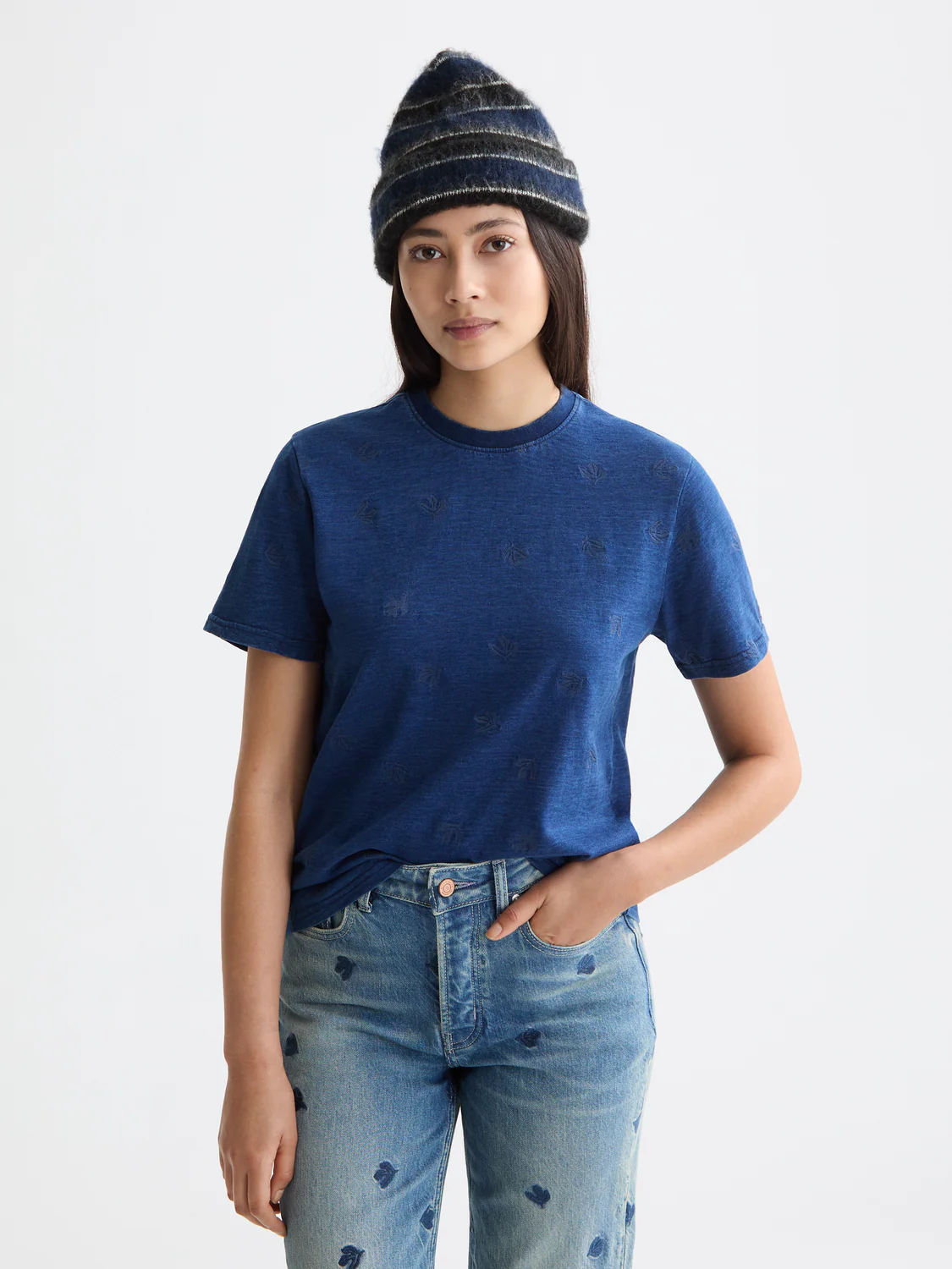 Washed Indigo Regular Fit T-Shirt With Allover Embroidery
