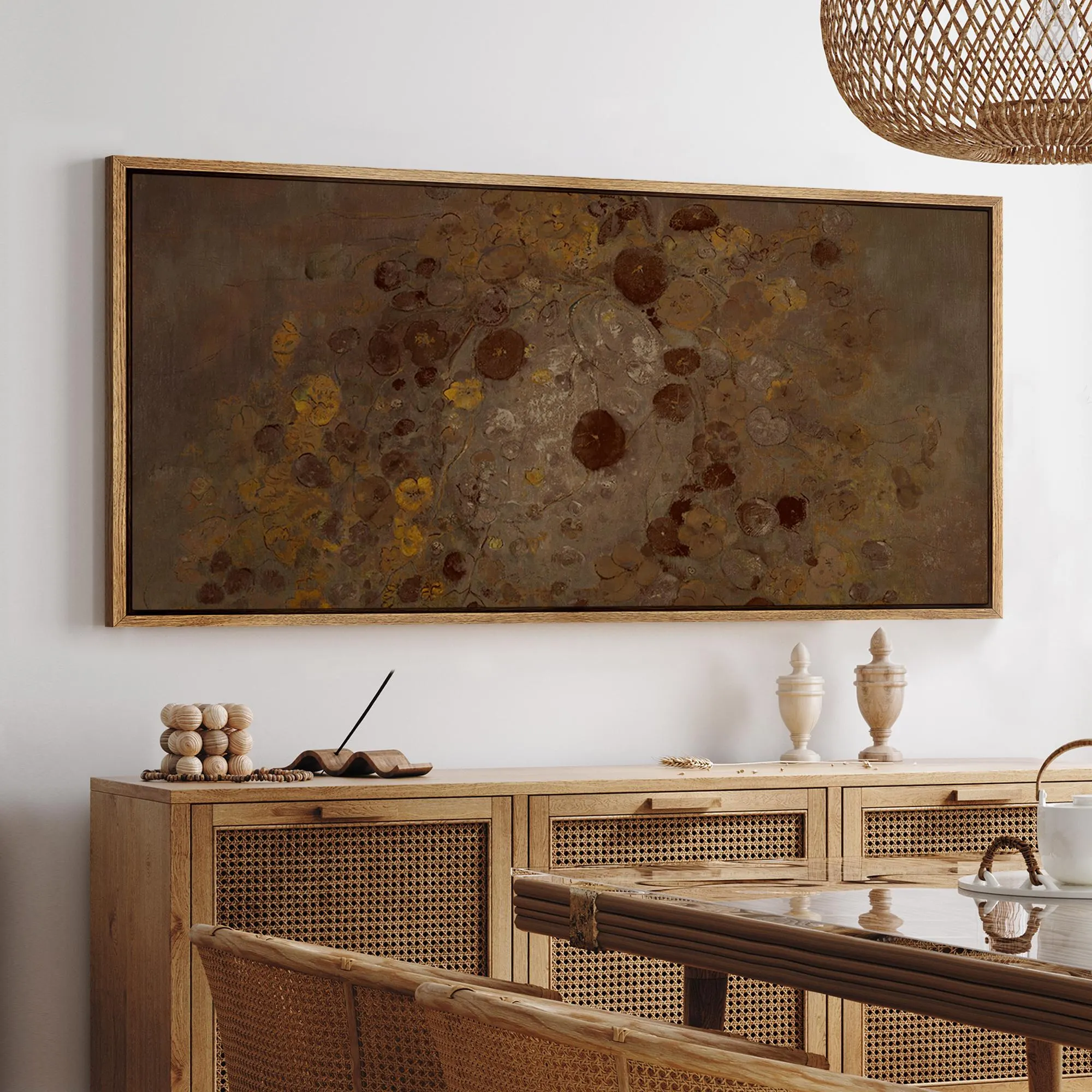Vintage Brown Floral Abstract Wall Art, Large Framed Earth Tone Botanical Canvas Print, Rustic Nature Painting for Living Room, Office Decor