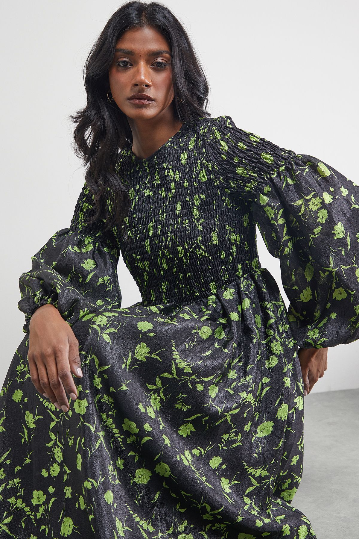 Warehouse Petite Textured Organza Shirred Midaxi Dress