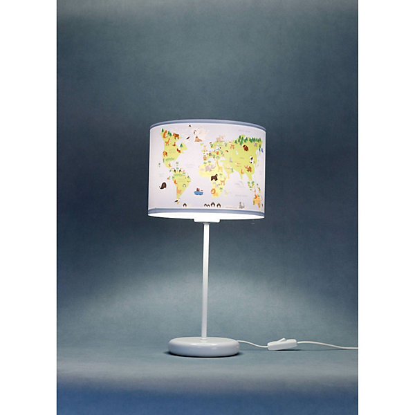 Lampe de chevet enfant Sweet Dream 22,5 x 22,5 x 44 cm Tissu PVC imprimé animaux du monde fond bleu clair, intérieur blanc