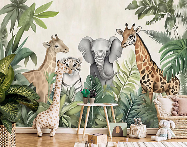 Papier Peint Enfant Intissé Panoramique Pour Enfant Chhambre Jungle Animaux 250x175