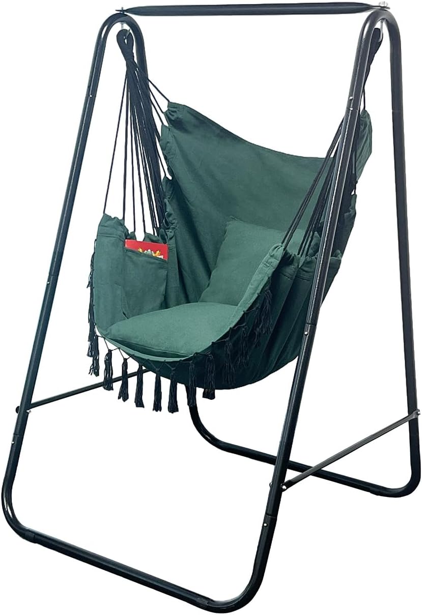 Hammock Chair with Stand,Heavy-Duty Hammock Stand with Large Indoor Swing,MAX Load 500 LBS,Hanging Chair with Stand for Indoor Outdoor,Swing Chair with 2 Cushions Included(Dark Green)