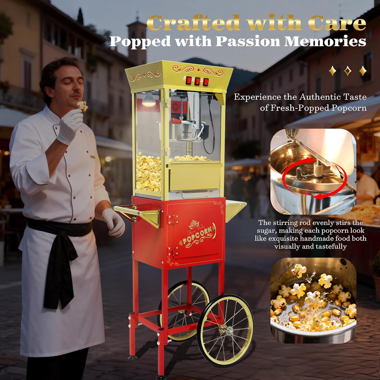 Vintage Commercial Popcorn Machine with Cart & Warmer Light - 12oz Stainless Steel Popper Makes 60 Cups for Home Theater and Parties, Red