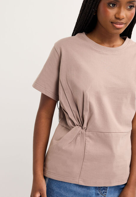 Womens Mocha Side Twist Cotton T-Shirt