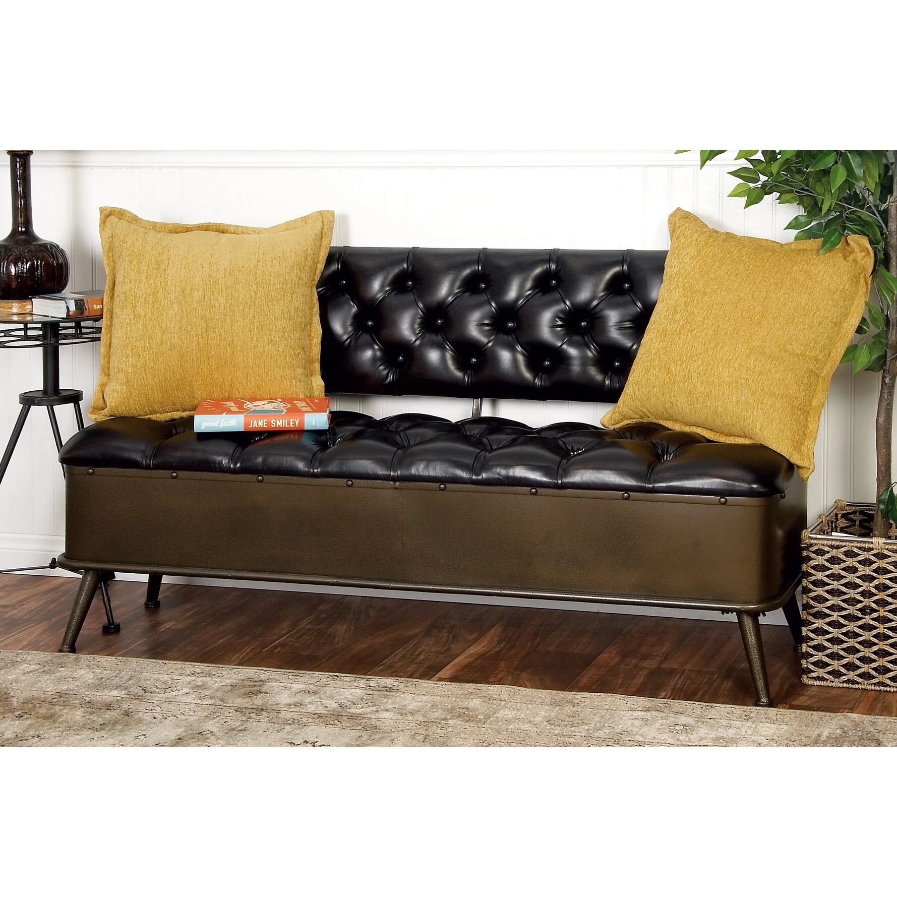 Benzara Two-tone Brown Leather and Metal Storage Bench