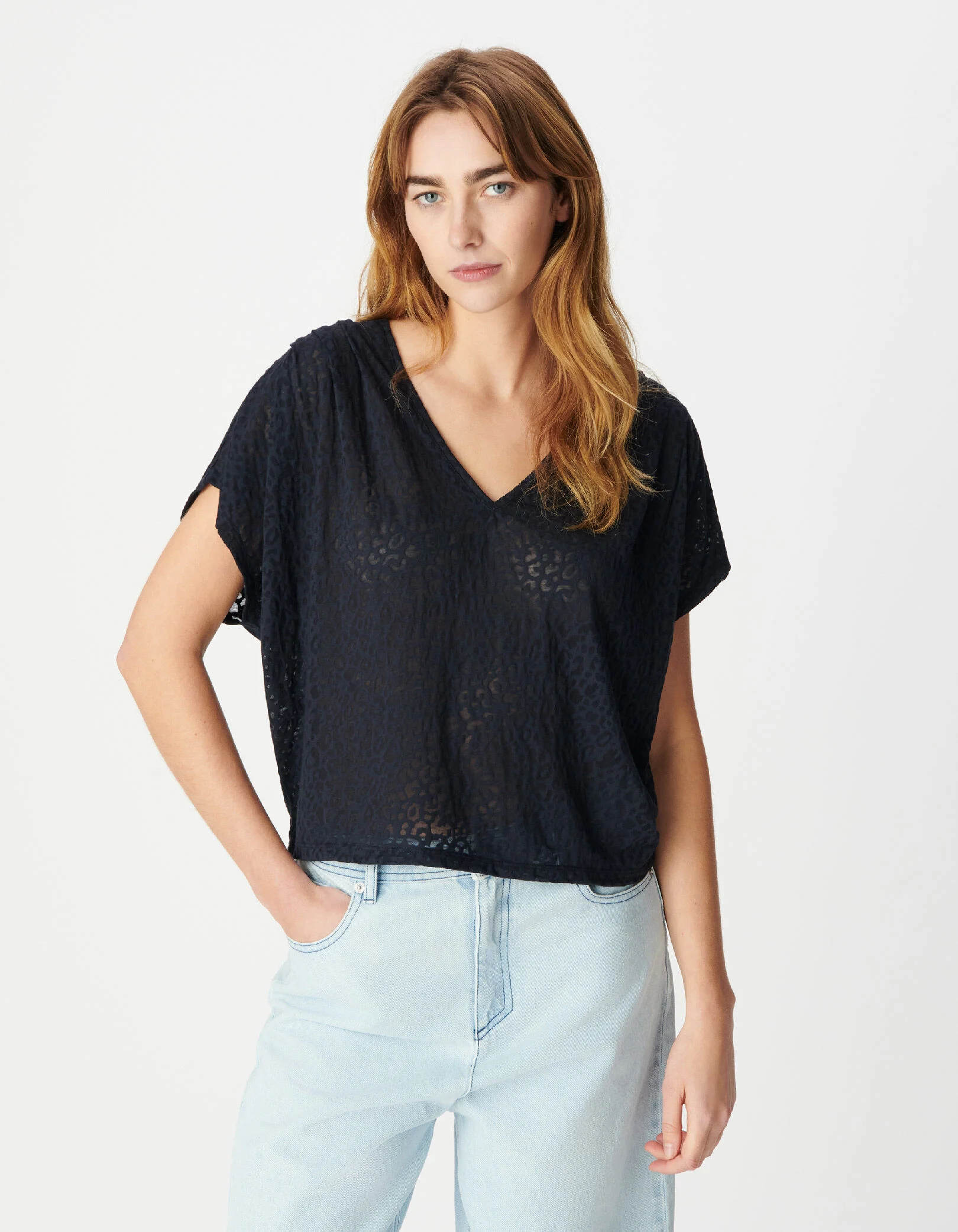 Tee-shirt loose marine imprimé léopard Femme