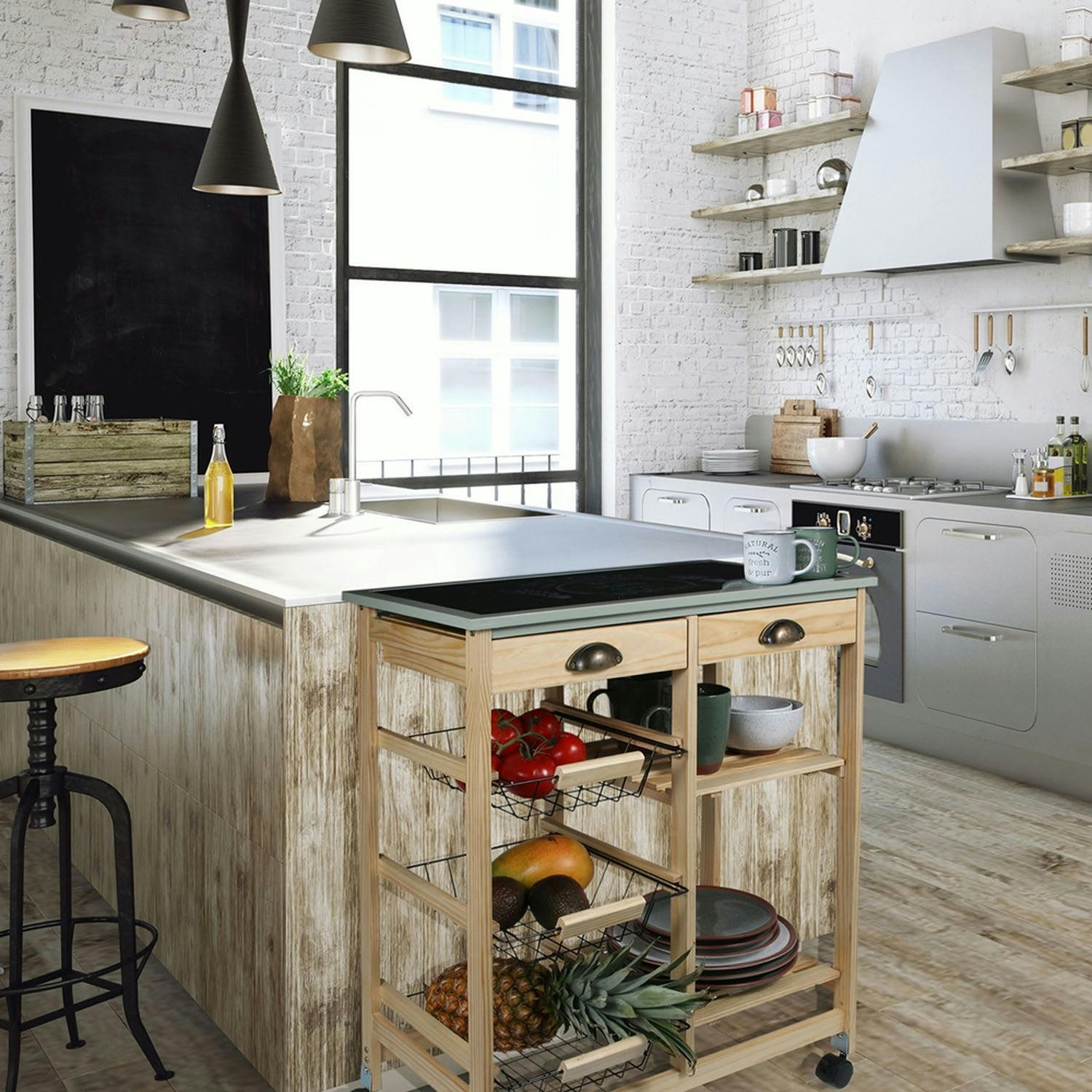 - Desserte à roulettes l. 81 x h. 67 cm marron