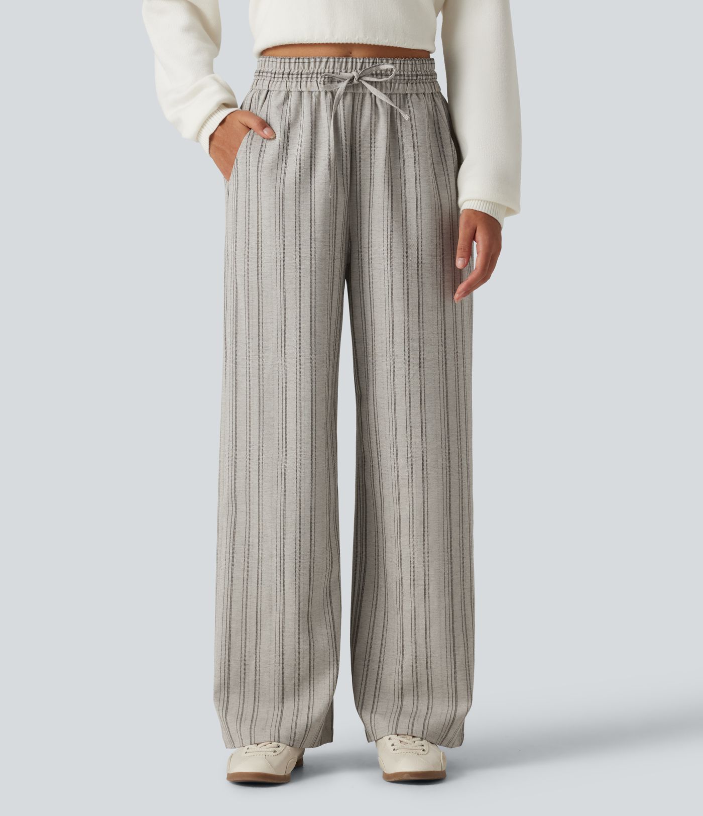 Pantalon large baggy effet lin taille haute à cordon et rayures avec poches