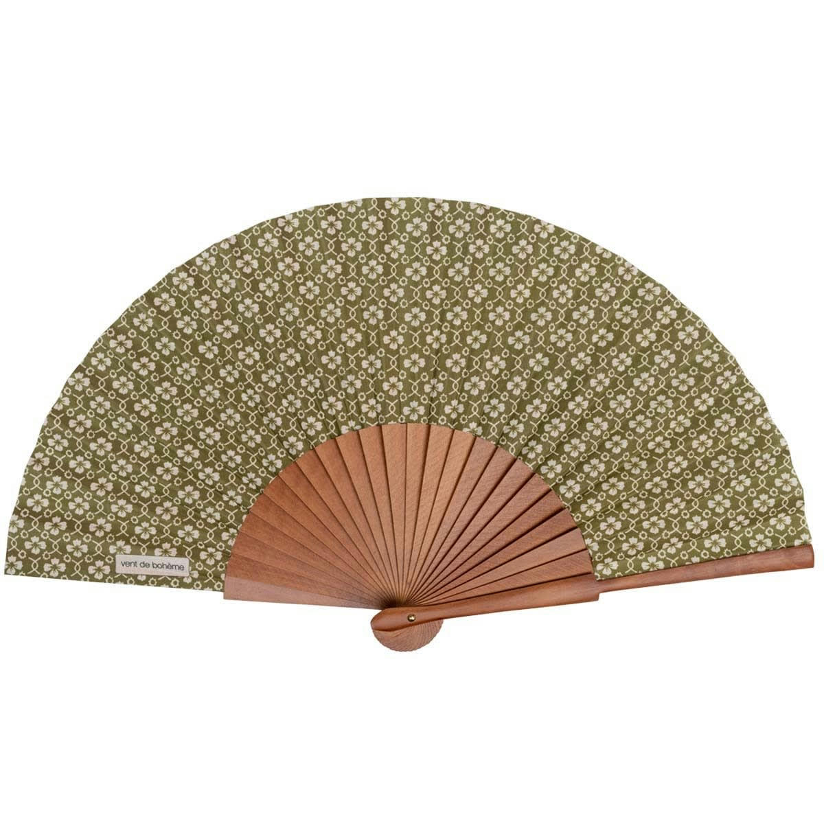 - Éventail en bois de merisier et coton imprimé graphique kaki