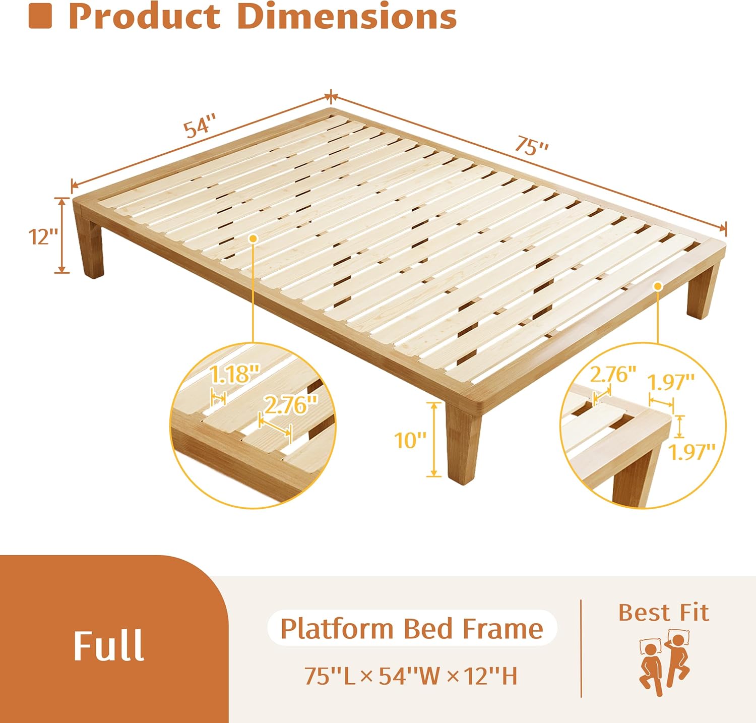 IOTXY Full Platform Bed Frame - 12 Inch Solid Wood Mattress Foundation Base with Heavy-Duty Support Slats & Legs, Rubberwood Full-Size Bedframe