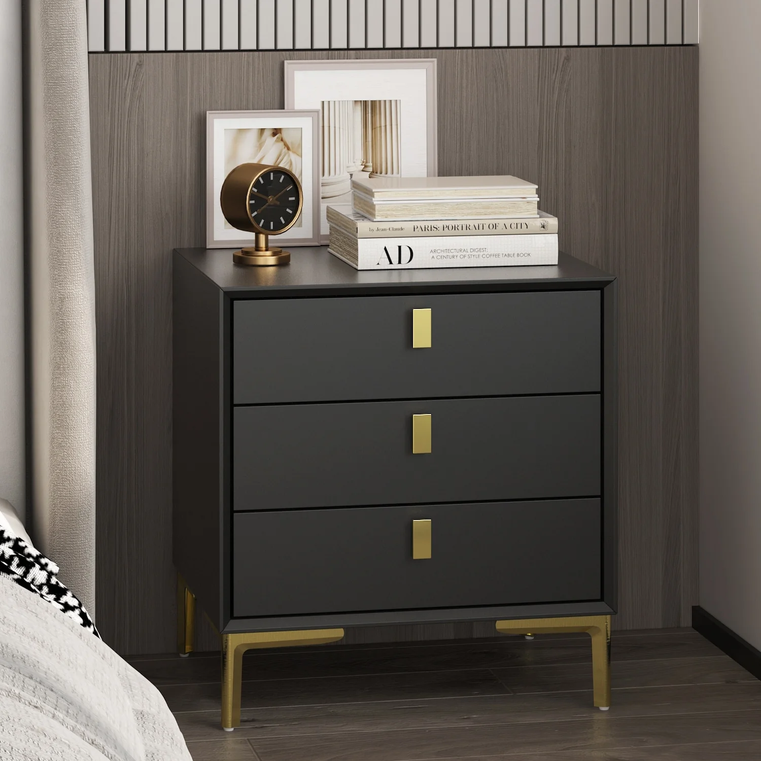Kerrogee Black/White Bevelled Three-Drawer Bedside Table