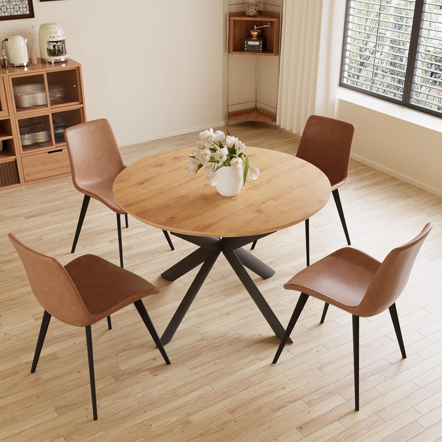 43.2-59.1 Extendable Round Dining Table Set, Mid Century Modern Wooden Round Table, Leisure Oak Coffee Table,w/ 4 PU Leather Chairs