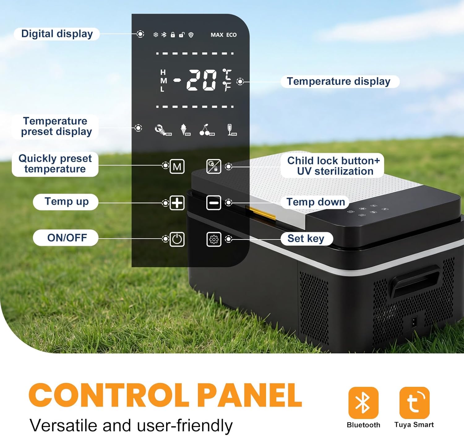 NEWBULIG 12 Volt Car Refrigerator, 21QT Single-Zone Electric Cooler for Vehicles, 12/24V DC & 100-240V AC, -4℉-68℉ Freezer, Bluetooth Control, Battery Protection & Child Lock for Travel, Camping