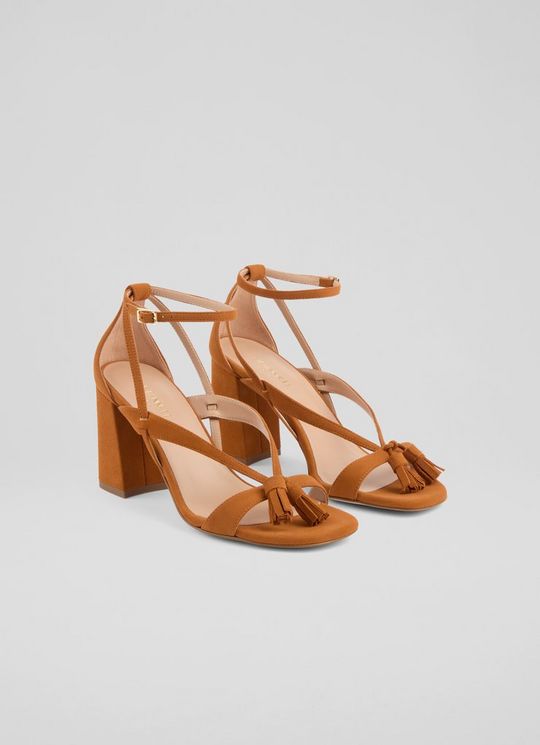 Jeanie Brown Leather Tassel Block Heel Sandal