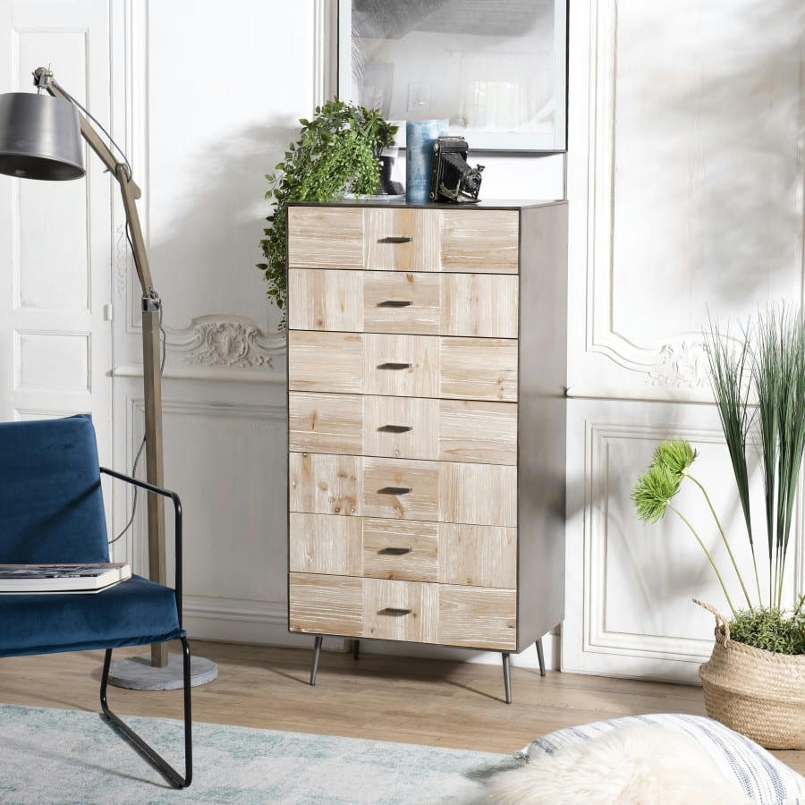 CLEMENCE - Chiffonnier 7 tiroirs bois sapin et pieds métal