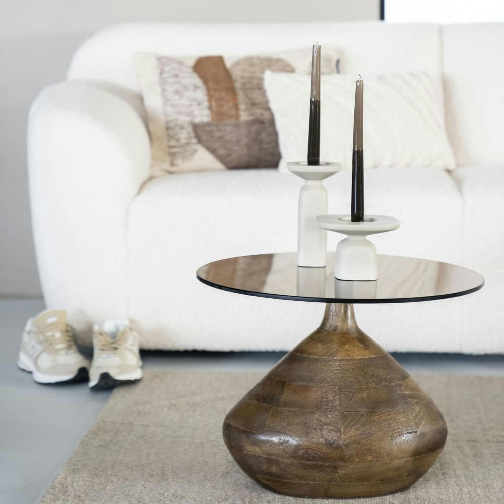 BOND - Table d'appoint en verre et bois D50cm bois foncé