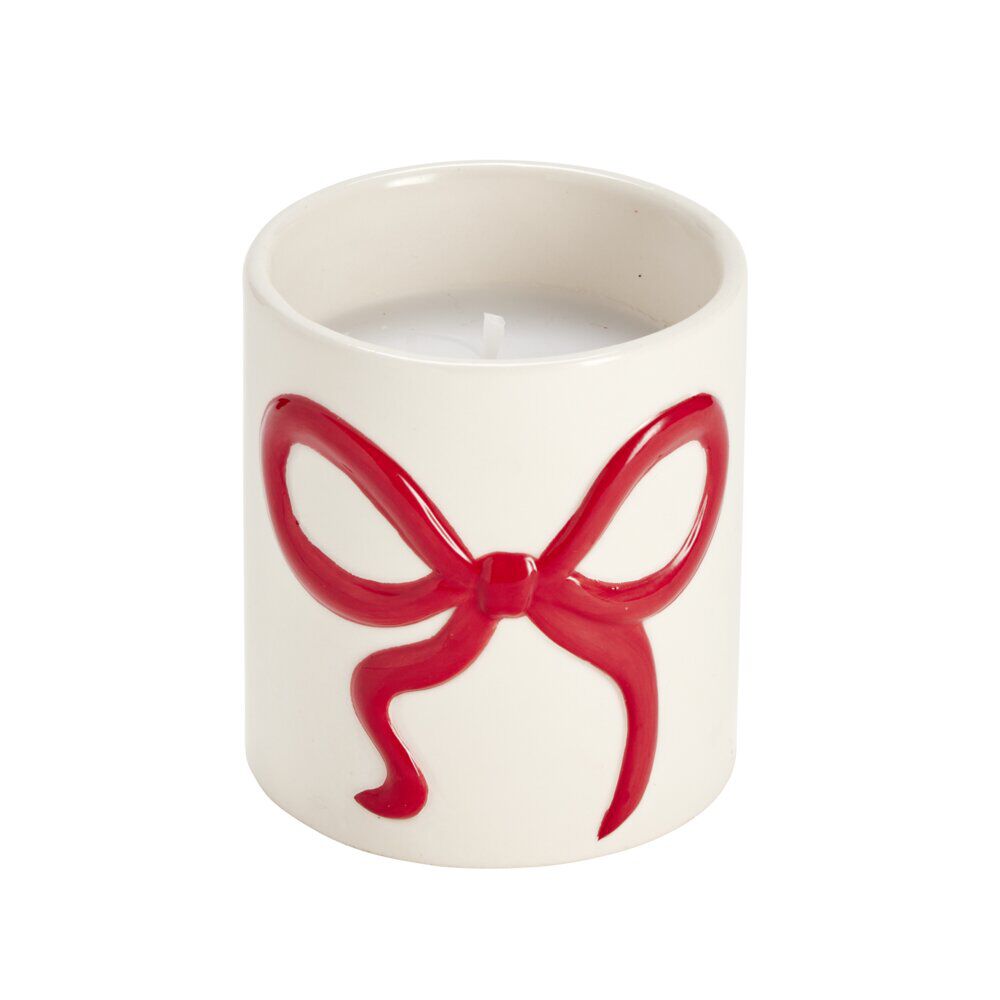 Bougie dans pot céramique blanc motif noeud rouge Ø8xH9cm (2 modèles)