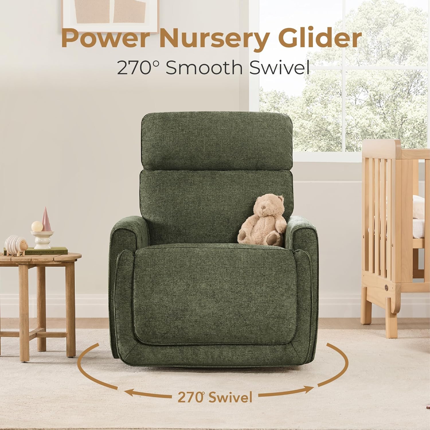 CHITA Power Recliner Chair Swivel Glider with Adjustable Power Headrest, FSC Certified Electronic Modern Nursery Rocking Chair with USB and Type-C Ports, Forest Green