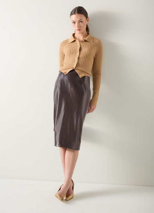 Marlene Patent Brown Slim Stretch Pencil Skirt